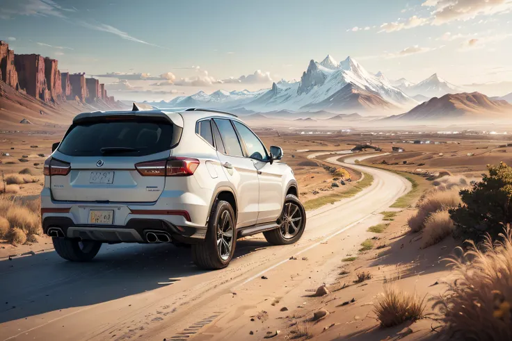 A white SUV drove through a land full of garbage，The rear of the car is facing the picture, SUV divination screen small parts，Set against the backdrop of a spring landscape, Extremely fresh sky, and perspectives that emphasize the vast landscape in the dis...