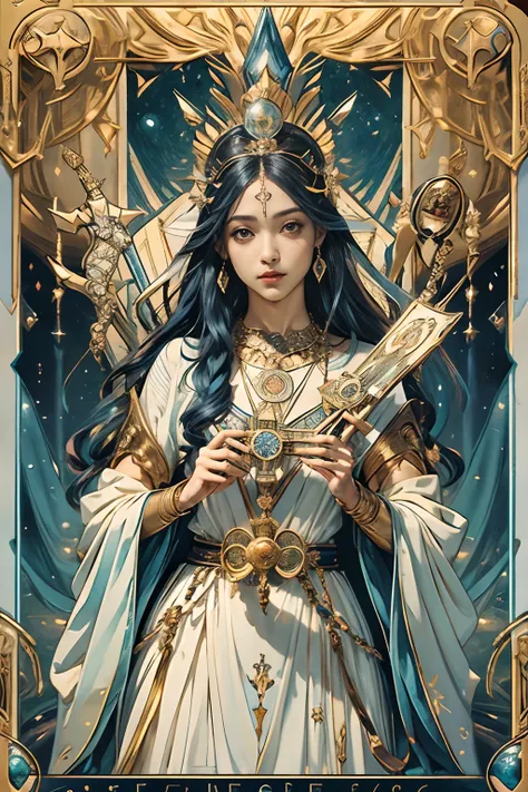 tarot cards，Full tarot border，（best images quality），（Extremely detailed description），1girll，Crown on head，Dressed in ancient fairy costumes，Scepter in hand，（full bodyesbian），（Very perfect body），（Very detailed and perfect facial depiction），Blue starry sky，（...