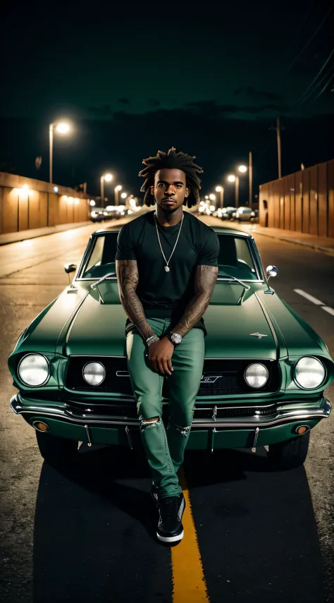 jovem negro, rapper, cabelo curto crespo, In front of the camera with dark ocloci, serious face, sitting on the hood of a modified 1965 Ford Mustang in green and metallic gray color, Dystopian city background at night