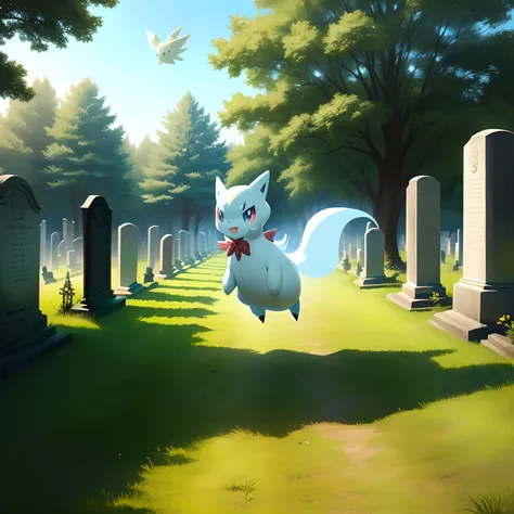 Ghost  type Pokémon flying in a graveyard