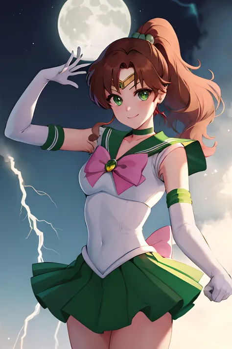 masterpiece, best quality, highres, hmjupiter, green eyes, ponytail, tiara, jewelry, sailor senshi uniform, green sailor collar, choker, elbow gloves, white gloves, pink bow, brooch, leotard, green skirt, cowboy shot, standing, night, moon, smile, lightnin...