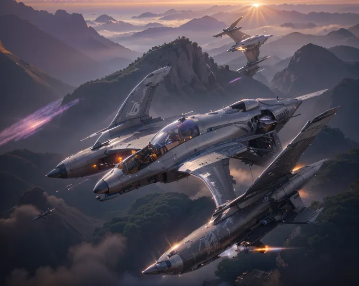 futuristic aircraft biomechanical metallic, gray color with purple details, shoots laser rays, beautiful sunset, ultra detailed,...