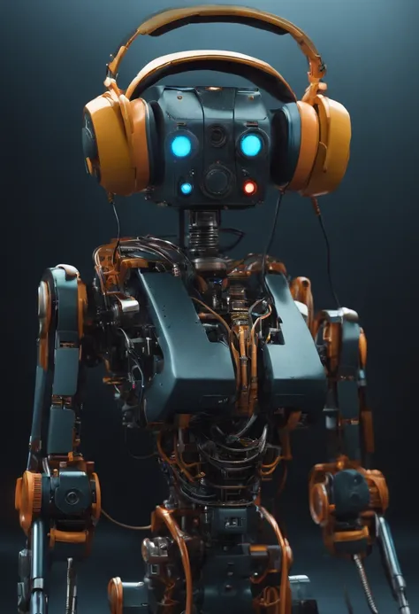 create an entire robot, with legs and arms assembled from pieces of analogue studio equipment, pair of headphones, neon eyes, charming face