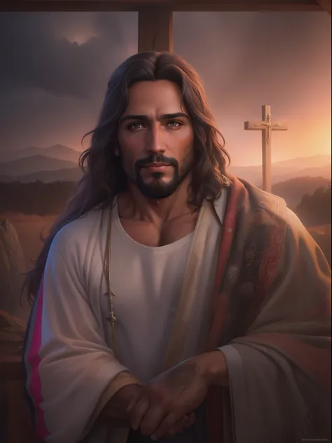 ((Retrato realista de Jesus Cristo)), corpo inteiro, aura sagrada, cinematiclight, retratado em 4K hiperdetalhado. Um close-up de Jesus, Com amor, Olhos compassivos, barba longa, e cabelos castanhos cacheados. A luz quente destaca a figura de um homem, Loo...