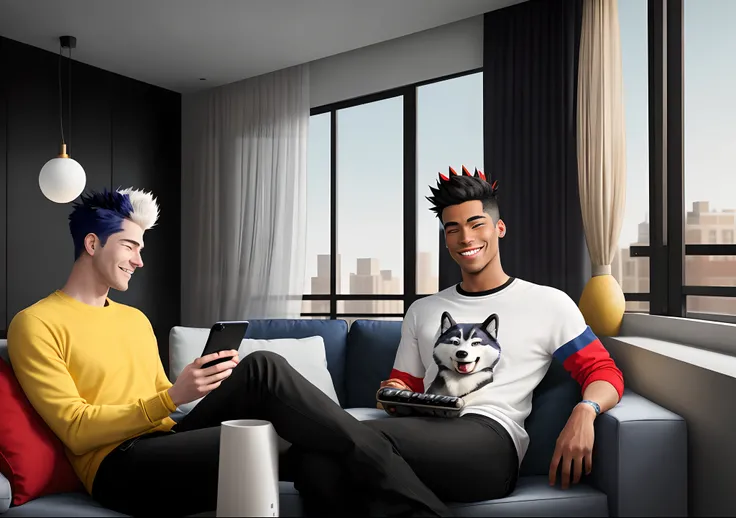 photorealistic shot of a Disney and Pixar where a yellow, black, and white male anthropomorphic husky with black and red eyes and blue and white spike hair, he is smiling texting on phone, he is sitting in a modern living room in an apartment with a balcon...