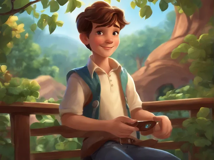 Cartoon boy with magic watch,illustration,design detalhado de personagens,playful expression,paleta de cores brilhantes,soft lighting,bom humor,fundo encantado do jardim,estrelas cintilantes,melhor qualidade,ultra-detalhado,Realistic,estilo anime, Loft