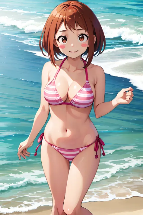 masutepiece, best quality, hight resolution, hmochako, blush stickers, short hair, medium breasts, pink bikini, cowboy shot, sta...