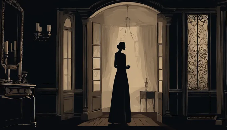 ```(("Enigmatic Presence: Woman in a Dark and Spooky House")) in a mysterious and atmospheric composition. Depict a woman standing in the dimly lit interior of a spooky house, her silhouette shrouded in shadows. Capture the eerie ambiance, with flickering ...