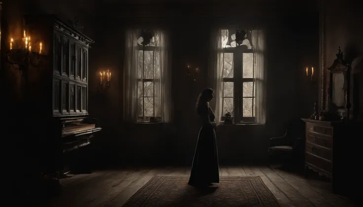 ```(("Enigmatic Presence: Woman in a Dark and Spooky House")) in a mysterious and atmospheric composition. Depict a woman standing in the dimly lit interior of a spooky house, her silhouette shrouded in shadows. Capture the eerie ambiance, with flickering ...