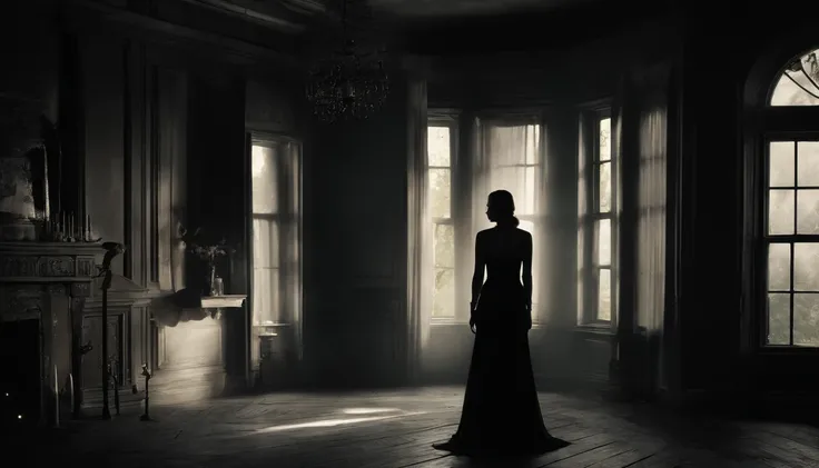 ```(("Enigmatic Presence: Woman in a Dark and Spooky House")) in a mysterious and atmospheric composition. Depict a woman standing in the dimly lit interior of a spooky house, her silhouette shrouded in shadows. Capture the eerie ambiance, with flickering ...