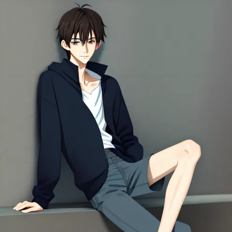 Cute and skinny boy, dark hair and dark blue eyes, dressed casually, looking content, anime style