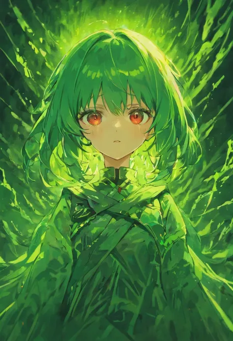 Green haired girl with red eyes