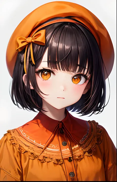 girl with、No background、without background、Background through、Black hair、A dark-haired、short-cut、bob cuts、Subject bangs、Pattsun bangs、Aligned bangs、Sareme、Saggy eyebrows、Takuambi、Marovi、Round eyebrows、Orange-eyed、Orange Eyes、Orange-eyed beret、bow ribbon、Or...