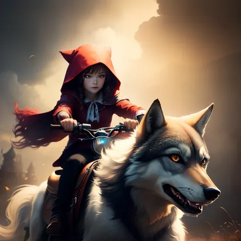 Make an image of Little red riding hood riding the wolf.