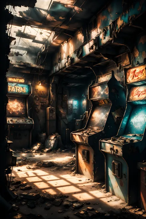 post-apocalyptic_play_zone,the atmosphere of the end of the world, ((dilapidated old arcade)), twinkling neon lights, graffiti-c...