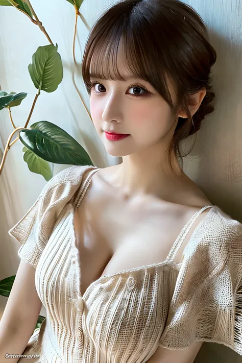 masutepiece, Best Quality, Illustration, Ultra-detailed, finely detail, hight resolution, 8K Wallpaper, Perfect dynamic composition, Beautiful detailed eyes,  Natural Lip, Sexy knitted dresses , Big breasts, cleavage, Random sexy poses, Full body