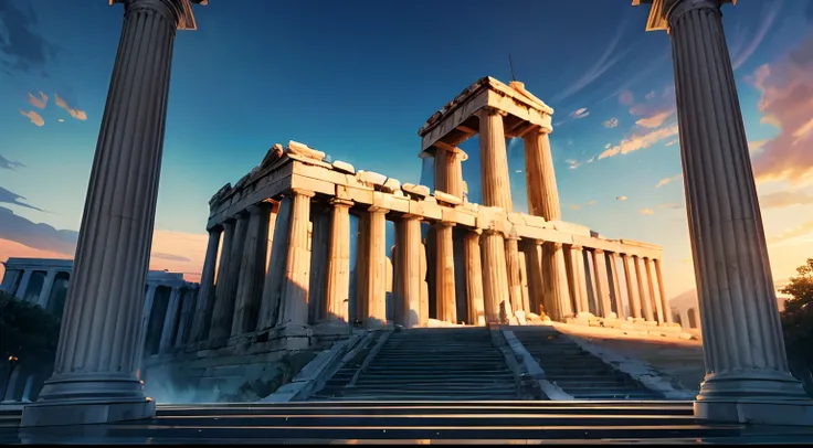 Acropolis,marble,Ruinas antiguas,panorama view,Arquitectura impresionante,Columnas impresionantes,parthenon,Estatuas majestuosas,Hermosos cielos azules,Vibrante puesta de sol,Detalles maravillosos,Classic beauty,Dramatic lighting,Historical significance,ar...