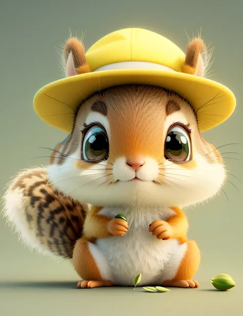 Cartoon squirrel with yellow cap and green seeds,Nuts in hand， lovely digital painting, Cute cartoon character, cute 3 d render, adorable digital art, cute character, cute forest creature, Cute detailed digital art, pixar cute character design, cute pixar ...