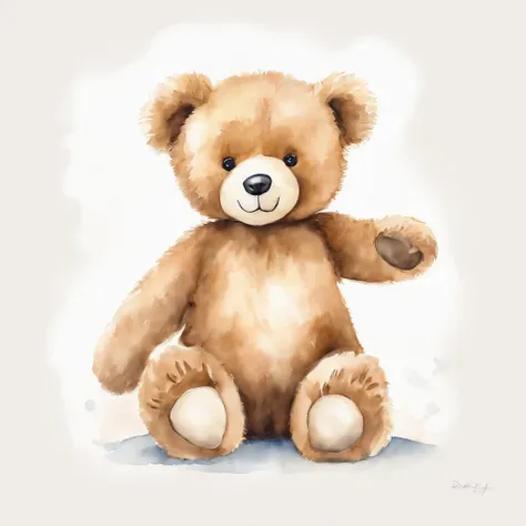 Desenho em aquarela de um teddy bear fofo sem roupas, de frente, standing on her feet, white solid background, infantil, sorrindo, baby, majo, curioso.