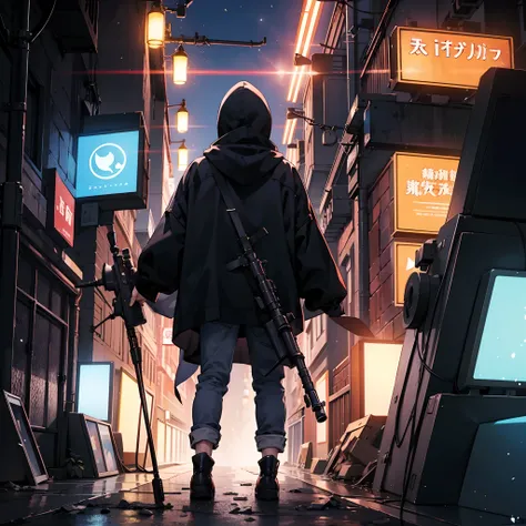 Man with sniper rifle bathed in blue neon lights，Wearing a black hood，Rear view，style of anime，hyper HD，accuracy，8K，High quality painting --auto