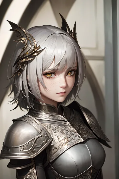 masterpiece, (realistic), highres, highly detailed, intricate, beautiful woman, Silver pixie haircut, yellow eyes, freckles, detailed face, knight, Red and Black armor.