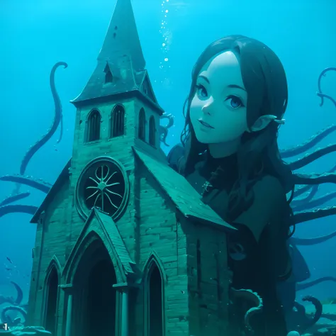 Undersea Church. She is a girl leaning out from behind the church. Shes a huge girl. She wears a gothic dress. Tentacles enveloping the church.