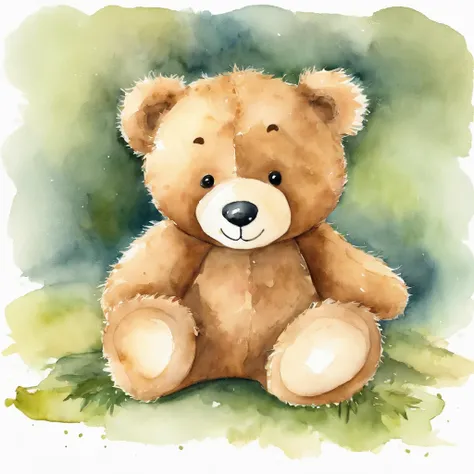 Watercolor drawing of a teddy bear for a childrens party, cute, smiling, looking like a baby, friendly, curious. It must not come with clothes. It must be facing forward, standing up. The background should be solid white, without any other details.