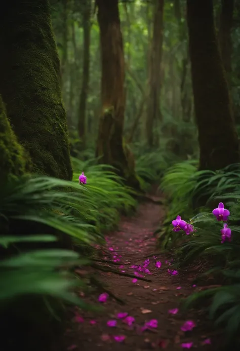 Uma bela foto de floresta densa, corda rasteira, musgo, orchids, mistborn