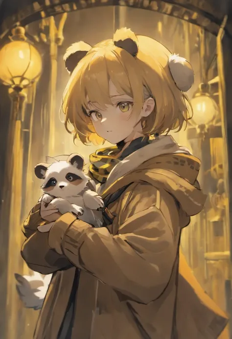 Draw a baby badger with a Hufflepuff scarf tied around its neck and a Selector hat balanced on its head. Hes looking at the viewer with curious eyes and a shy little smile.