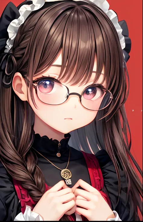 girl with、No background、without background、Background through、Reddish glow-brown braided hair，With thick black-framed glasses，The eyes shine very lovingly with fluorescence，Comes with a cute black ring necklace，Brown and red Lolita clothes，blazing，The face...