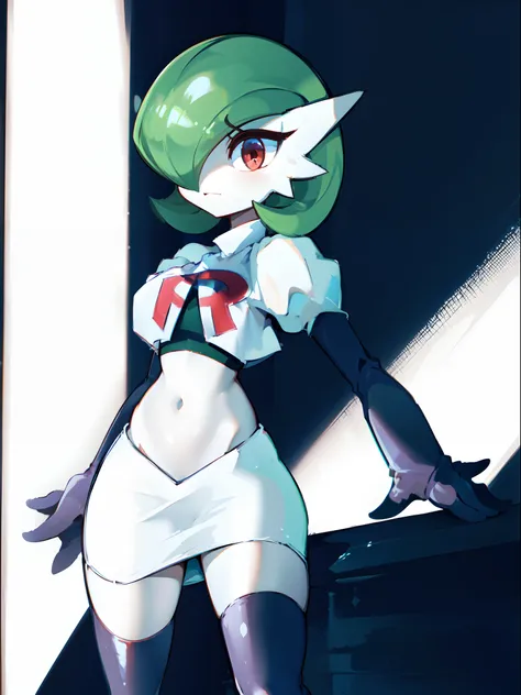 gardevoir,1girl,team rocket,team rocket uniform,white skirt,crop top,black thigh-highs,black elbow gloves,