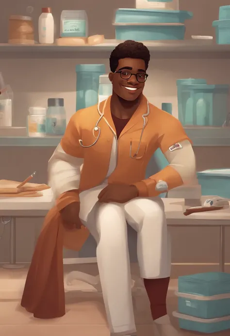 A young 24-year-old doctor, magro, alto, negro, with its rectangular prescription glasses inspired by Pixar animation, de perto. He is in a hospital surrounded by patients and health care workers, each one happy and excited by the presence of the young doc...