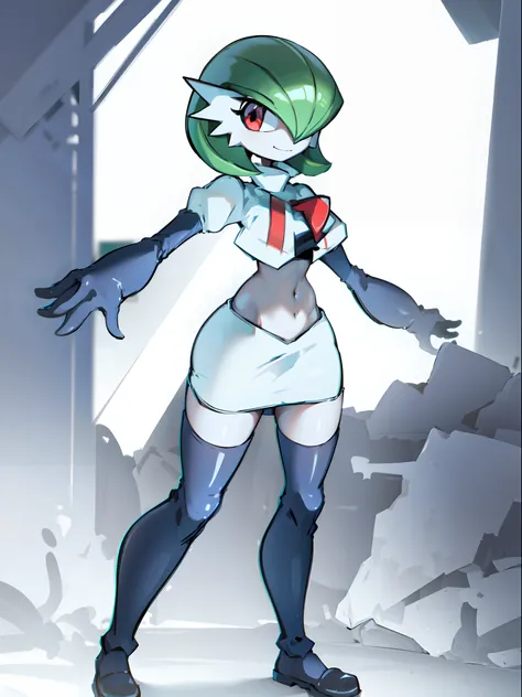 gardevoir,1girl,team rocket,team rocket uniform,white skirt,crop top,black thigh-highs,black elbow gloves,