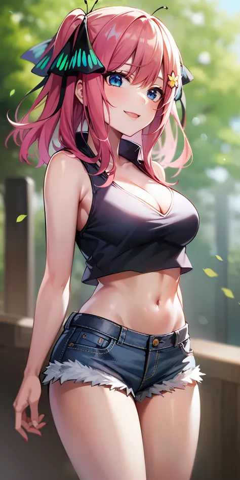 2d, masterpiece, best quality, anime, highly detailed, 1girl, solo, cowboy shot, nakano nino, pink hair, butterfly hair ornament, crop top , cleavage, Denim shorts , medium breasts, standing, school, outdoors, smile