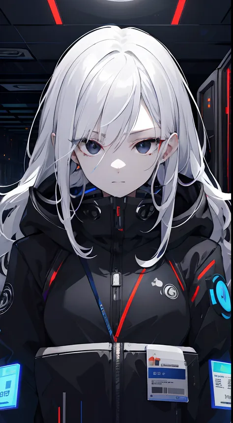 (absurdres, highres, ultra detailed), 1woman, mature female, aged up, wavy long hair, white hair, black eyes, bangs, long sleeve...