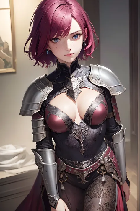 masterpiece, (realistic), highres, highly detailed, intricate, beautiful woman, magenta pixie haircut, Blue eyes, freckles, detailed face, knight, Red and Black armor.