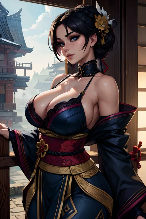 A beautiful flirtatiously smiling woman, a very busty ronin wearing gold lace kimono, Meiji restoration, blue eyes, yojimbo, cleavage, bare shoulders, HD, UHD, WLOP, Artgerm, French braid hairstyle, a view from the side and above,  large anime eyes, realis...