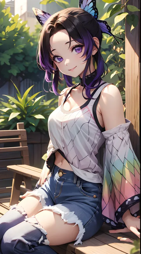 masterpiece, best quality, highres, 1girl, solo, kochou shinobu, butterfly hair ornament, purple eyes, multicolored hair, short hair, parted bangs, haori, wide sleeves, tank top, jeans,denim shorts sitting, bench, outdoors, smile,