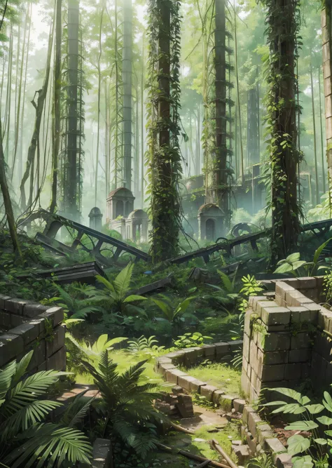 A lush, green forest, but full of ruins.  This image evokes a sense of contrast between the beauty of nature and the destruction caused by humanity. The trees and plants are growing lushly, but the remains of buildings and other human objects are scattered...