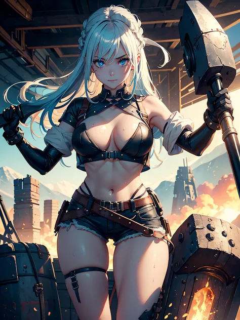 A girl with detailed blue matte eyes, long white tied hair, full body, dust on her face, evil smile, blacksmiths gloves, Giant Shield on her back, blacksmiths boots, dirty short shorts, short white shirt with a knotted neckline at the bottom of the shirt, ...