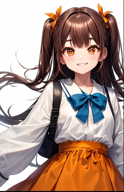 girl with、No background、without background、Background through、Brown hair、Brown hair、Twin-tailed、Two knots、Subject bangs、Pattsun bangs、Aligned bangs、Sareme、Saggy eyebrows、Takuambi、Marovi、Round eyebrows、Orange-eyed、Orange Eyes、bow ribbon、Orange skirt、white  ...