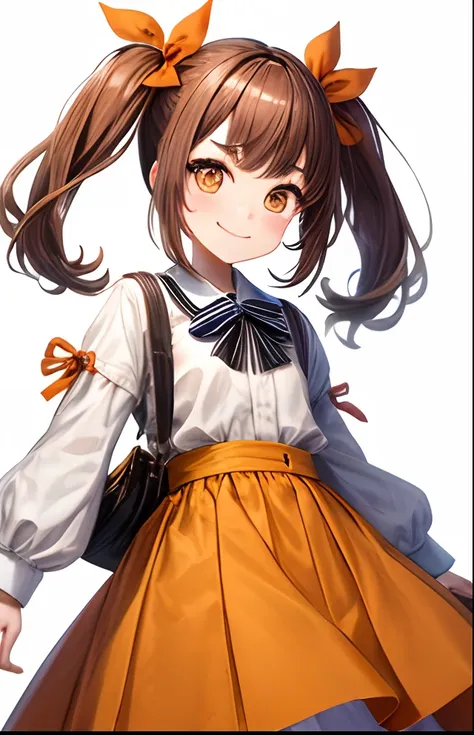 girl with、No background、without background、Background through、Brown hair、Brown hair、Twin-tailed、Two knots、Subject bangs、Pattsun bangs、Aligned bangs、Sareme、Saggy eyebrows、Takuambi、Marovi、Round eyebrows、Orange-eyed、Orange Eyes、bow ribbon、Orange skirt、white  ...