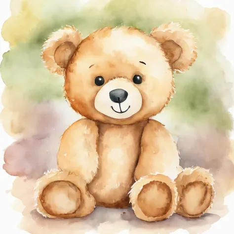 Watercolor drawing of a teddy bear for a childrens party, fofo, sorridente, Looking like a baby, majo, curioso. Should not come with clothes. Tem de estar espiando curiosamente, mas virado para a frente. The background should be solid white, sem outros det...