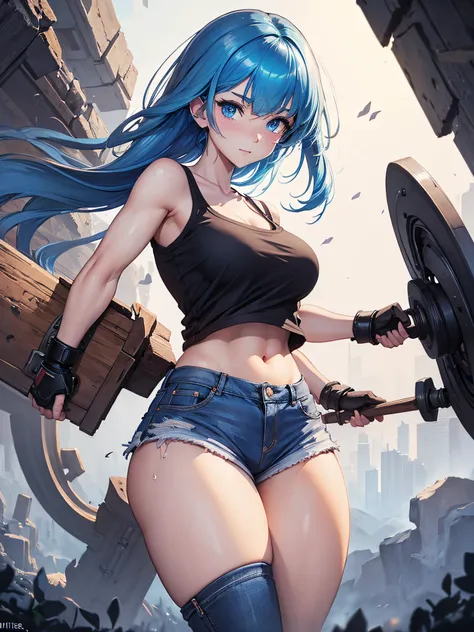 A girl with detailed blue matte eyes, long white tied up hair, Full body, dirty face, mischievous face, Blacksmiths gloves, a large shield on her back, blacksmiths boots, dirty short denim shorts, short white shirt with a low cut tucked into short, sweaty ...