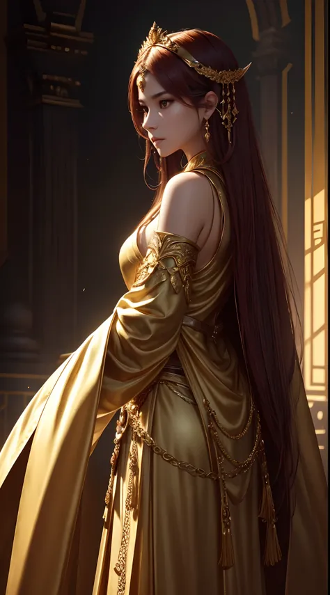 Gold and black tones、Fantasia、Babylonia、eventide、Best Quality, Very high resolution, 4K Detail CG, ​master piece、aesthetics、Mysterious、Queen of Thrones、Charisma、Ishtar, Goddess of War、Increase your fighting spirit、Invincible Great General、Be brave and bold...