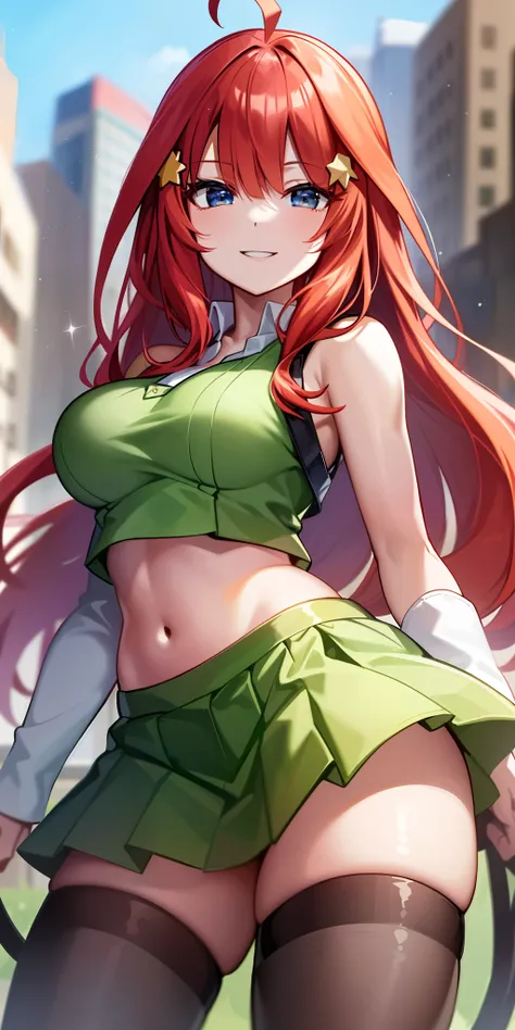 2d, masterpiece, best quality, anime, highly detailed, 1girl, solo, cowboy shot, nakano itsuki, red hair, long hair, star hair ornament, ahoge, crop top, green skirt, miniskirt, medium breasts, standing, school, outdoors, smile