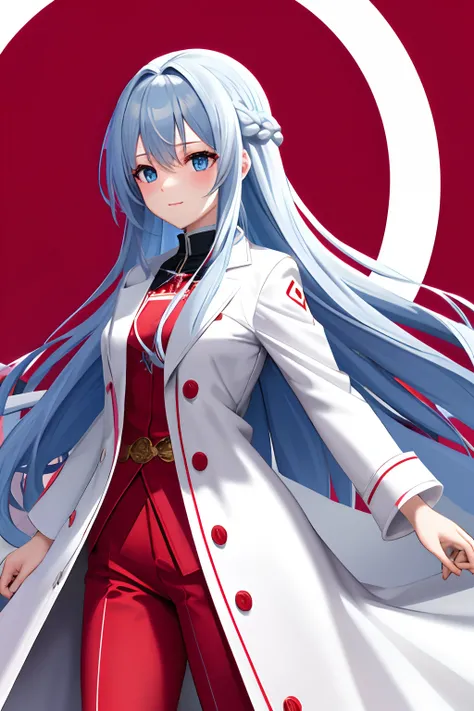 Long blue haired girl wearing a red outfit and a white overcoat over it while holding a blue eyed poké ball