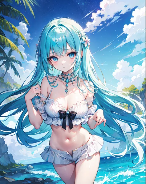 digital art, soft and fantasy style, an anime girl, pretty face, pretty hair, (glittery hair), deep ocean colored hair, shining ocean-like eyes, looks very confident and bright, not NSFW, wearing fantasy tops and shorts, (VERY glittery), wearing a lot of c...