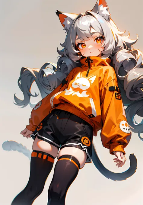 1GIRL, cute girl, finely detailed, (best quality), (intricate details), cute style, loli, cat girl style, multicolored, ((long silver curly hair)), best quality, ((perky cat ears)), ((fluffy cat tail)), ((long sleeve shirt and shorts)), ((orange and black ...