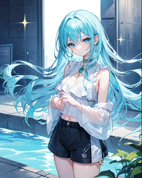 digital art, soft and fantasy style, an anime girl, pretty face, pretty hair, (glittery hair), deep ocean colored hair, shining ocean-like eyes, looks very confident and bright, not NSFW, wearing fantasy tops and shorts, (VERY glittery), wearing a lot of c...